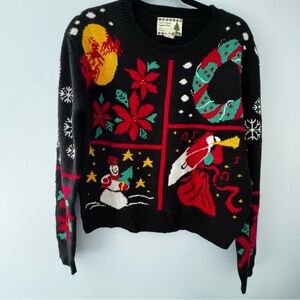 Vintage 80s HappyHolidaysChristmas Sweater Festive Knit with Snowman, Wreath